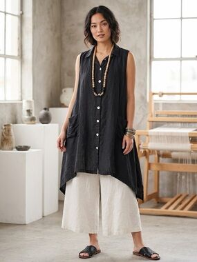 Match Point Linen Sleeveless Tunic Dress Sharkbite Hem Black Pintuck Pocket XL